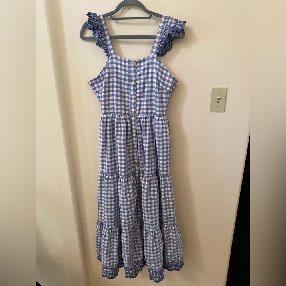 SHABBY CHIC BLUE GINGHAM EMBROIDERED LACE MAXI DRESS SHORT SLEEVE GRANDMA CORE